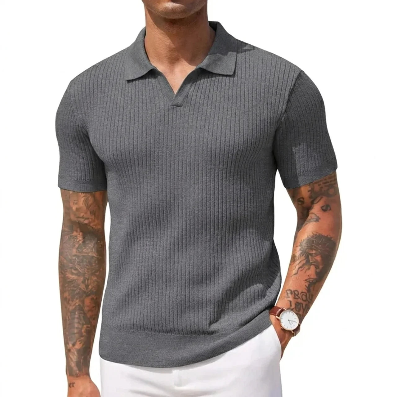 Ribbed Knit Polo Shirt