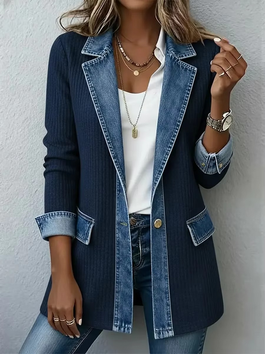 Vintage Denim-Trim Knit Jacket