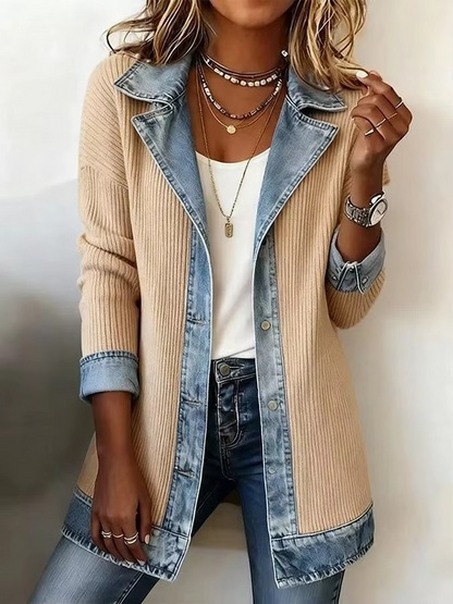 Vintage Denim-Trim Knit Jacket