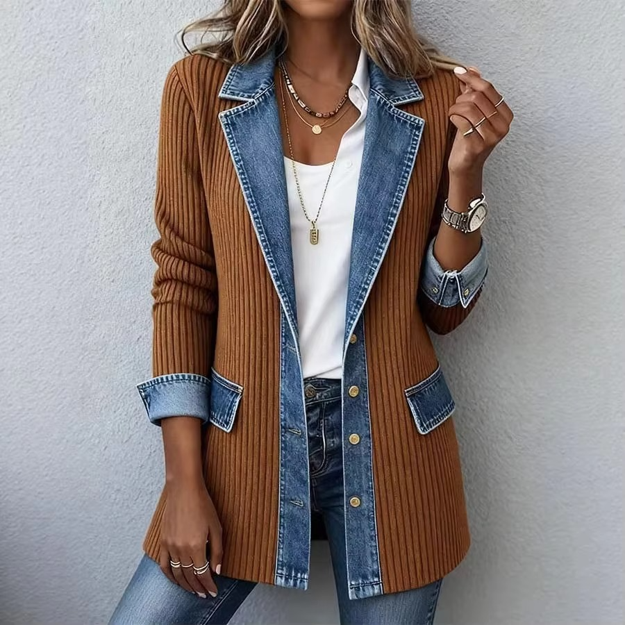 Vintage Denim-Trim Knit Jacket