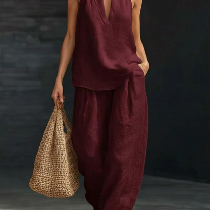 Elegant V-Neck Linen Set