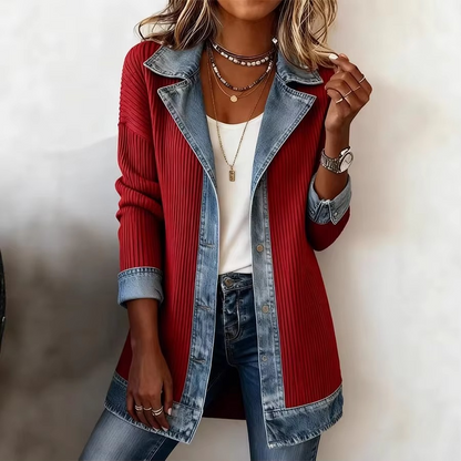 Vintage Denim-Trim Knit Jacket