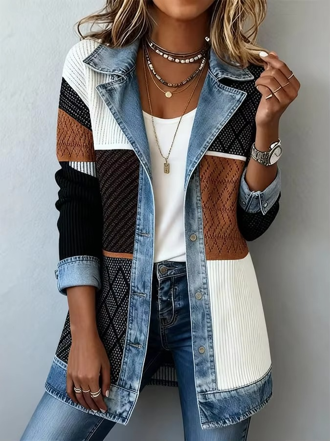 Vintage Denim-Trim Knit Jacket