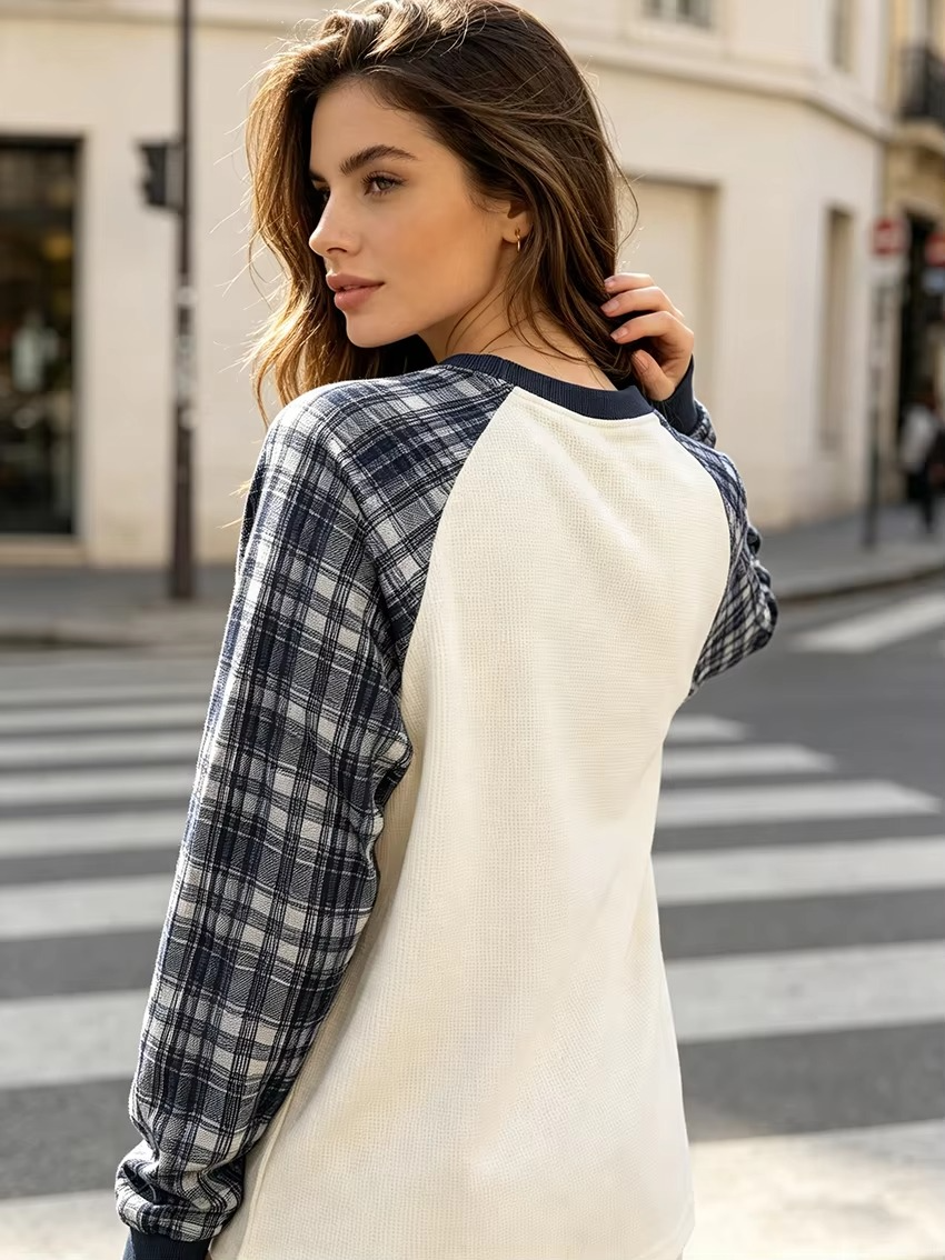 Unisex Waffle Plaid Raglan Long Sleeve