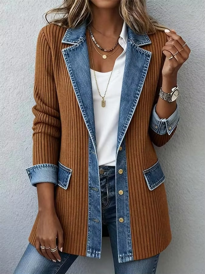 Vintage Denim-Trim Knit Jacket