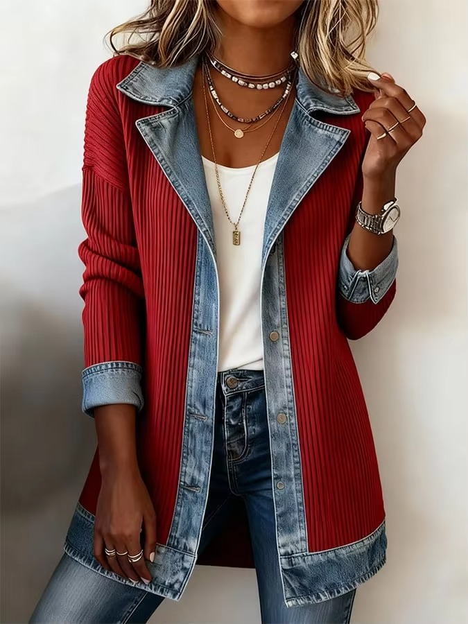 Vintage Denim-Trim Knit Jacket