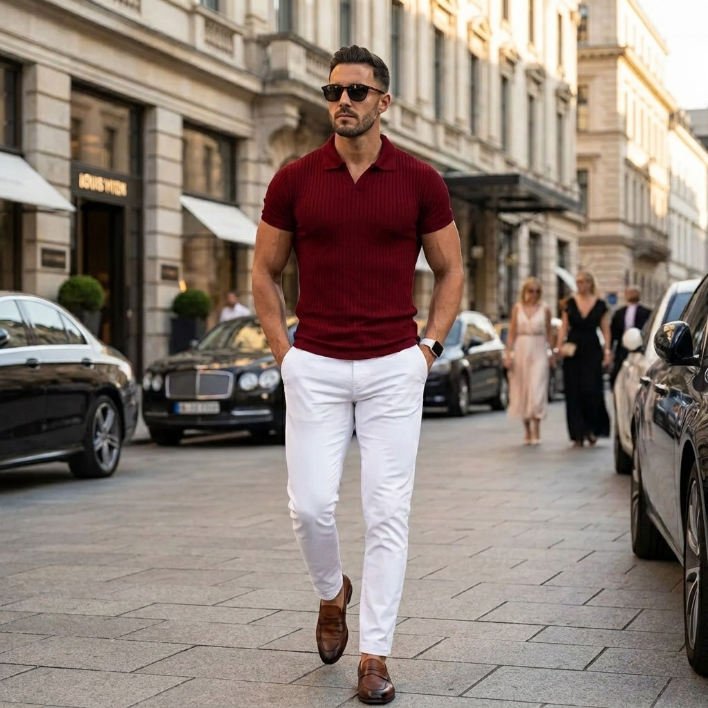 Ribbed Knit Polo Shirt