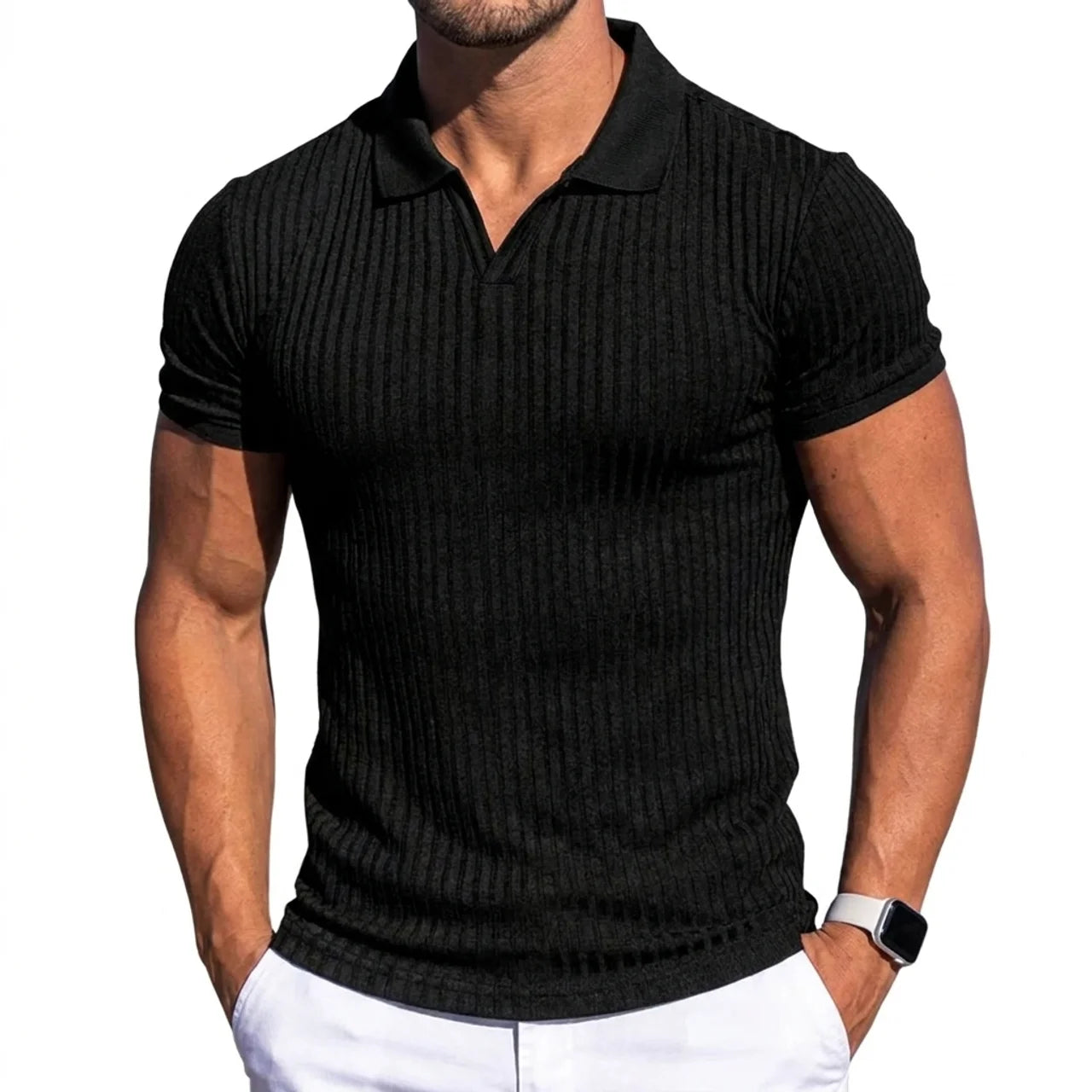 Ribbed Knit Polo Shirt